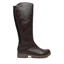 Kozaki Rieker. Brązowe kozaki damskie Rieker, bez wzorów, bez obcasa, na płaskiej podeszwie, bez zapięcia. Za 459.99 zł.