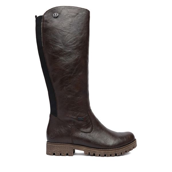 Kozaki Rieker. Brązowe kozaki damskie Rieker, bez wzorów, bez obcasa, na płaskiej podeszwie, bez zapięcia. Za 459.99 zł.