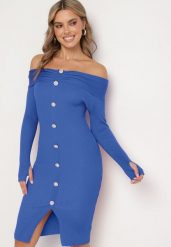 Niebieska Sweterkowa Sukienka Koktajlowa z Wiskozą Ozdobnymi Guzikami i Rozcięciem na Kciuk Faledi. Niebieskie sukienki damskie Born2be, do pracy, bez wzorów, z wiskozy, biznesowe, bez kołnierzyka, bez ramiączek, mini, proste. Za 74.99 zł.