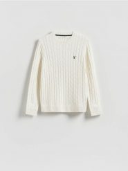 Sweter z warkoczowym splotem - złamana biel. Swetry męskie Reserved, l, bez wzorów, z bawełny, bez kołnierzyka, bez ramiączek. Za 139.99 zł.
