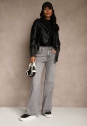 Szare Szerokie Jeansy z Bawełny High Waist Ozdobione Przetarciami Orryna. Szare jeansy damskie Renee, bez wzorów, z bawełny, z podwyższonym stanem. Za 129.99 zł.