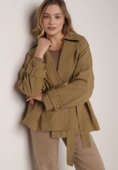 Zielona Bawełniano-Wiskozowa Kurtka Typu Krótki Trencz z Ozdobnym Guzikiem Dafena. Zielone płaszcze damskie Born2be, l, bez wzorów, z bawełny, biznesowe, bez kołnierzyka, bez kaptura. Za 159.99 zł.