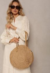 Beżowa Pleciona Okrągła Torebka Shopperka z Długimi Rączkami i Paskiem Acelema. Brązowe shopperki damskie Renee, bez wzorów, z jeansu, bez dodatków. Za 89.99 zł.