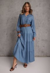 Niebieska Spódnica Rozkloszowana z Lyocellu High Waist Ozdobiona Falbanami Ravienne. Niebieskie spódnice damskie Renee, na lato, bez wzorów, z lyocellu, z podwyższonym stanem, maxi, dopasowane. Za 89.99 zł.