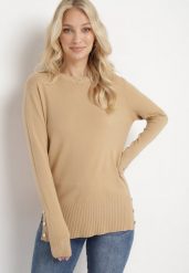 Beżowy Sweter Ozdobiony Guzikami i Rozcięciami na Dole Malioppe. Brązowe swetry nierozpinane damskie Born2be, l, bez wzorów, z dzianiny, bez kołnierzyka, bez ramiączek. Za 79.99 zł.
