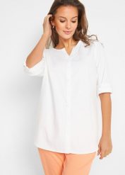 Bluzka z domieszką lnu i rękawami 3/4. Niebieskie bluzki damskie bonprix, bez wzorów, bez kołnierzyka, bez ramiączek. Za 122.99 zł.