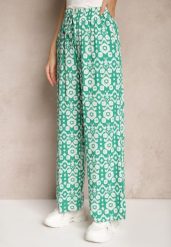 Zielone Wzorzyste Spodnie z Szerokimi Nogawkami i Gumką w Pasie z Wiskozy Zixia. Zielone spodnie materiałowe damskie Renee, bez wzorów, z jeansu, boho. Za 39.99 zł.