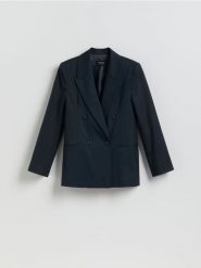 Dwurzędowa marynarka z dodatkiem wełny - granatowy. Niebieskie marynarki i żakiety damskie Reserved, bez wzorów, z tkaniny, bez kołnierzyka, bez ramiączek. Za 359.99 zł.