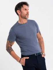 T-shirt męski klasyczny bawełniany BASIC - niebieski denim V7 OM-TSBS-0236 - XXL. Niebieskie t-shirty męskie Ombre Clothing, l, bez wzorów, z bawełny, bez kołnierzyka, bez ramiączek. W wyprzedaży za 39.99 zł.