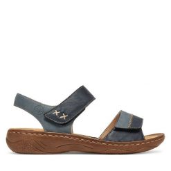 Sandały Rieker. Niebieskie sandały damskie Rieker, bez wzorów, bez obcasa, na płaskiej podeszwie, bez zapięcia. Za 289.99 zł.