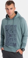 Ombre Bluza męska kangurka nierozpinana z kapturem i nadrukiem - turkusowa V2 OM-SSPS-0158 M. Niebieskie bluzy męskie Ombre, m, bez wzorów, z kapturem. Za 49.99 zł.