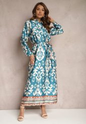 Niebieska Pudełkowa Sukienka Satynowa z Paskiem w Talii w Ornamentalny Print Tarosa. Niebieskie sukienki damskie Renee, l, bez wzorów, z materiału, bez kołnierzyka, bez ramiączek, maxi. Za 119.99 zł.