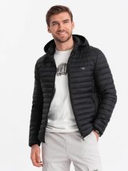 Męska kurtka pikowana pakowana w worek - czarna V7 OM-JALP-0156 - XL. Czarne kurtki męskie Ombre Clothing, l, bez wzorów, z materiału. W wyprzedaży za 159.99 zł.