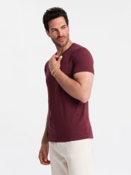 Bawełniana klasyczna męska koszulka z dekoltem w serek BASIC – bordowa V10. Czerwone t-shirty męskie Ombre Clothing, m, bez wzorów, z bawełny, bez kołnierzyka, bez ramiączek. W wyprzedaży za 24.99 zł.