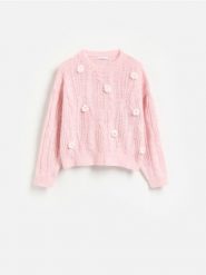 Sweter z kwiatową aplikacją - różowy. Czerwone swetry nierozpinane damskie Reserved, l, z aplikacjami, z dzianiny, bez kołnierzyka, bez ramiączek. Za 129.99 zł.