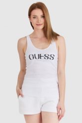 GUESS Biały top damski z logo z koralików. Białe topy damskie Guess, s, z aplikacjami, z bawełny, bez kołnierzyka, bez ramiączek. W wyprzedaży za 129.99 zł.