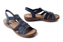RIEKER 628G7-14 blue, sandały damskie. Niebieskie sandały damskie Rieker, bez wzorów, bez obcasa, bez zapięcia. Za 239.92 zł.