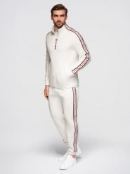 Dresowy komplet męski bluza rozpinana + spodnie dresowe joggery - biały V2 - Rozmiar: XXL. Białe bluzy męskie Ombre Clothing, m, bez wzorów, z bawełny, biznesowe, bez ramiączek, bez kaptura. Za 399.99 zł.