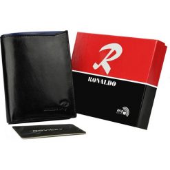 Portfel czarny Ronaldo N104-VT BLACK-BLUE. Czarne portfele męskie RONALDO, bez wzorów, ze skóry. Za 64.99 zł.
