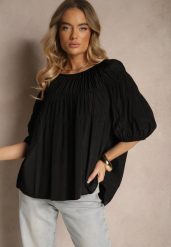 Czarna Bluzka z Wiskozą o Fasonie Oversize z Gumkami w Ramionach Alirona. Czarne bluzki damskie Renee, bez wzorów, z wiskozy, eleganckie, bez kołnierzyka, bez ramiączek. Za 44.99 zł.