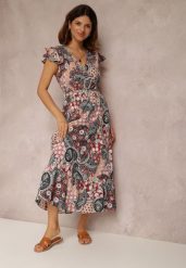 Różowa Sukienka Hesena. Czerwone sukienki damskie Renee, na imprezę, na lato, l, bez wzorów, z materiału, boho, bez kołnierzyka, bez ramiączek, midi, kopertowe. Za 49.99 zł.