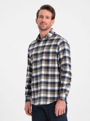 Klasyczna flanelowa męska koszula bawełniana w kratę - brązowo-granatowa V1 OM-SHCS-0157 - XL. Niebieskie koszule męskie Ombre Clothing, l, bez wzorów, z bawełny, klasyczne, bez kołnierzyka, bez ramiączek. W wyprzedaży za 59.99 zł.