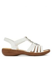 Rieker Sandały 60839-80 Biały. Białe sandały damskie Rieker, bez wzorów, z materiału, bez obcasa, na płaskiej podeszwie, bez zapięcia. Za 209.99 zł.