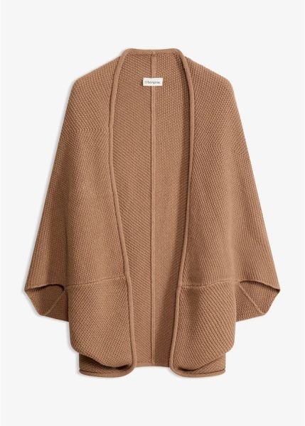 Sweter-peleryna rozpinany. Brązowe kardigany damskie bonprix, bez wzorów, bez kołnierzyka. Za 134.99 zł.