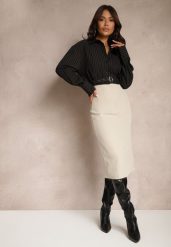 Beżowa Spódnica o Ołówkowym Kroju High Waist z Rozcięciem z Tyłu Liozia. Brązowe spódnice damskie Renee, m, bez wzorów, z jedwabiu, eleganckie, z podwyższonym stanem, midi, ołówkowe. Za 89.99 zł.