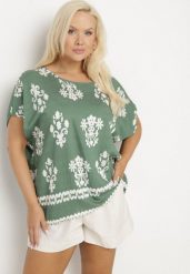 Zielona Bluzka z Wiskozy we Wzór w Stylu Boho Lunaseia. Zielone bluzki damskie Born2be, s, bez wzorów, z jeansu, boho, bez kołnierzyka, bez ramiączek. Za 39.99 zł.