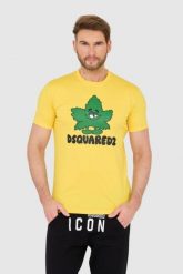 DSQUARED2 Żółty t-shirt z logo i zielonym liściem. Żółte t-shirty męskie Dsquared2, l, bez wzorów, bez kołnierzyka, bez ramiączek. W wyprzedaży za 599.99 zł.