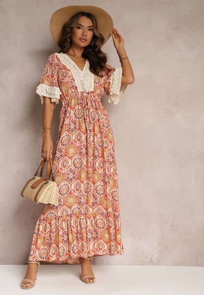 Pomarańczowa Wiskozowa Rozkloszowana Sukienka z Trójkątnym Dekoltem i Ozdobną Koronką Prickie. Brązowe sukienki damskie Renee, na lato, l, bez wzorów, z koronki, bez kołnierzyka, bez ramiączek, maxi, rozkloszowane. Za 109.99 zł.