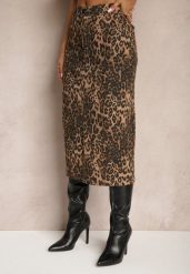 Brązowa Bawełniana Spódnica w Panterkę High Waist z Rozcięciem z Przodu Harilie. Brązowe spódnice damskie Renee, na co dzień, l, bez wzorów, z bawełny, eleganckie, z podwyższonym stanem, midi. Za 119.99 zł.