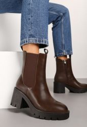 Brązowe Botki na Słupku w Stylu Sztybletów Ozdobione Elastyczną Wstawką Lealin. Brązowe botki damskie Renee, bez wzorów, z jeansu, eleganckie, bez obcasa, na obcasie, bez zapięcia. Za 139.99 zł.