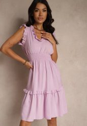 Fioletowa Rozkloszowana Sukienka z Wiskozą Bez Rękawów Lirabellae. Fioletowe sukienki damskie Renee, l, bez wzorów, z bawełny, eleganckie, bez kołnierzyka, bez ramiączek, mini, rozkloszowane. Za 44.99 zł.