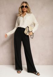 Czarne Szerokie Spodnie High Waist z Lnu i Wiskozy Apoises. Czarne spodnie materiałowe damskie Renee, na lato, bez wzorów, z jeansu, eleganckie, z podwyższonym stanem, długie. Za 79.99 zł.
