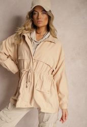 Ciemnobeżowa Kurtka Parka z Dodatkiem Bawełny Wykończona Troczkami Zapinana na Napy Velona. Brązowe kurtki damskie Renee, l, bez wzorów, z bawełny, bez kaptura. Za 119.99 zł.