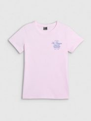 4F T-shirt regular z nadrukiem damski - różowy XXL. Czerwone t-shirty damskie 4F, xxl, bez wzorów, z bawełny, klasyczne, bez kołnierzyka, bez ramiączek. Za 59.99 zł.