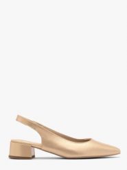 Złote czółenka damskie z otwartą piętą typu slingback. Żółte czółenka damskie Ryłko, bez wzorów, z gumy, z otwartym noskiem, bez obcasa, na obcasie, bez zapięcia. W wyprzedaży za 299.99 zł.