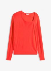 Sweter z lejącej mieszanki wiskozy. Czerwone swetry nierozpinane damskie bonprix, bez wzorów, z wiskozy, bez kołnierzyka, bez ramiączek. Za 89.99 zł.