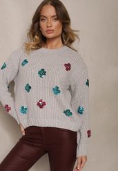Jasnoszary Sweter z Wiskozą Zdobiony Cekinowymi Aplikacjami z Kwiatami Edalora. Szare swetry nierozpinane damskie Renee, l, z aplikacjami, z jeansu, casualowe, bez kołnierzyka, bez ramiączek. Za 84.99 zł.