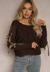 Brązowy Nietoperzowy Sweter z Moherem Ozdobiony Wiązaniami w Panterkowy Print Semitha. Brązowe swetry nierozpinane damskie Renee, bez wzorów, z jeansu, casualowe, bez kołnierzyka, bez ramiączek. Za 59.99 zł.