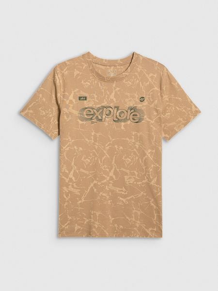 4F T-shirt regular z nadrukiem męski - beżowy M. Brązowe t-shirty męskie 4F, m, bez wzorów, z bawełny, bez kołnierzyka, bez ramiączek. Za 79.99 zł.