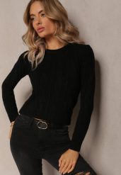 Czarny Dzianinowy Sweter w Warkoczykowy Splot Falles. Czarne swetry nierozpinane damskie Renee, m, z aplikacjami, z dzianiny, casualowe, bez kołnierzyka, bez ramiączek. Za 69.99 zł.