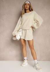 Beżowy Basicowy Komplet Szorty i Bluza Novirissa. Brązowe bluzy damskie Renee, na lato, bez wzorów, z materiału, bez ramiączek, bez kaptura. Za 129.99 zł.