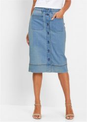 Spódnica dżinsowa z guzikami. Niebieskie spódnice damskie bonprix, bez wzorów, eleganckie. Za 114.99 zł.