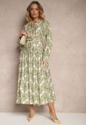 Zielona Wiskozowa Sukienka w Ornamentalny Wzór o Rozkloszowanym Kroju Gonalia. Zielone sukienki damskie Renee, na co dzień, l, bez wzorów, z wiskozy, eleganckie, bez kołnierzyka, bez ramiączek, maxi, oversize. Za 109.99 zł.