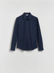 Gładka koszula super slim fit - granatowy. Niebieskie koszule męskie Reserved, l, bez wzorów, z dzianiny, bez kołnierzyka, bez ramiączek. Za 129.99 zł.