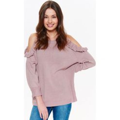 SWETER DAMSKI Z ODKRYTYMI RAMIONAMI I OZDOBNYMI FALBANKAMI. Czarne swetry nierozpinane damskie TROLL, s, bez wzorów, z jeansu, eleganckie, bez kołnierzyka, bez ramiączek. W wyprzedaży za 54.99 zł.
