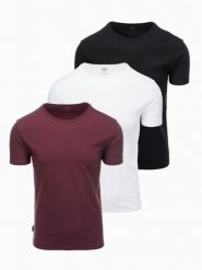 Zestaw bawełnianych t-shirtów męskich BASIC z okrągłym dekoltem – czarny/biały/bordowy V6 - Rozmiar: XXL. Czerwone t-shirty męskie Ombre Clothing, m, bez wzorów, z bawełny, bez kołnierzyka, bez ramiączek. W wyprzedaży za 112.49 zł.